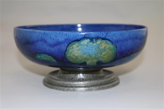 A Moorcroft Moonlit Blue pattern Tudric pewter footed bowl, c.1920, diameter 19.5cm, restorations